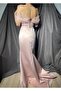 White Satin Evening Dress - Tulle Flower Detailed, Boat Neck and Tail Fish Cut - 6