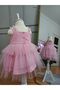 Girl's Pink Glittery Tulle Dress with Rose Detail on the Front, Three-Layered Skirt, Thin Straps and Cotton Lining - 3