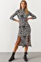Women's Black-White Double Slit Zebra Pattern Dress EY1066