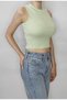 Women's Mint Green Ribbed Stand Collar Sleeveless Crop T-Shirt
