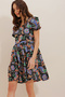 Women's Black Crew Neck Shawl Print Drawstring Waist Woven Viscose Miniboy Dress Alc-D 230031 - 4