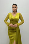 Satin Fabric Mermaid Dress with Feather and Bead Details on Sleeves - GREEN - 3