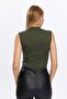Women's Khaki Stand Collar Sleeveless Blouse - 6