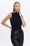 Women's Navy Blue Stand Collar Sleeveless Blouse - 3