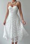 White Lined Lace Fabric Midi Dress with Chest Padding and Guipure Detail and Adjustable Straps 271 - 4