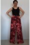 Burgundy black floral patterned elastic waist wide leg combed cotton viscose trouser skirt - 6