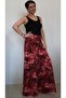 Burgundy black floral patterned elastic waist wide leg combed cotton viscose trouser skirt - 4