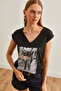 Women's Black Brush V-Neck Flame Printed Knitted T-Shirt Tsh- 19000654 - 4