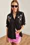 Women's Heart Black Palm Sequin Detailed Woven Shirt Gml- 19001225 - 3