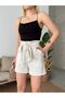 Women's Ecru High Waist Double Pocket Belted Linen Shorts - 5