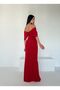 Women's Red Madonna Collar Bat Sleeve Back Detail Maxi Slit Long Evening Dress - 4