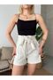 Women's Ecru High Waist Double Pocket Belted Linen Shorts - 3