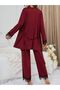 Women's Burgundy Dressing Gown Athlete Pajamas 3-Piece Set İrness - 4