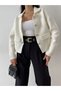 Women's Gold-Button Pocket-Detail Ecru Blazer/Tweed Cropped Cardigan - 3