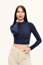 Women's Navy Blue High Neck Long Sleeve Crop Blouse - 2