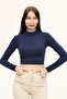 Women's Navy Blue High Neck Long Sleeve Crop Blouse