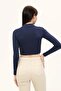 Women's Navy Blue High Neck Long Sleeve Crop Blouse - 6