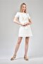 Women's Ecru Embroidered Belted Dress - 2