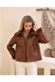 Women's Tan Deep Pocket Detailed Short Zipper Fur Crop Leather Jacket Coat - 2