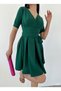 Women's Green Double Breasted Collar Short Sleeve Waist Belted A line Waist Belted Short Evening Dress - 4