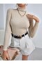 Sand Beige Cotton Turtleneck Camisole Ribbed Slimfit Turtleneck Sweater - 2