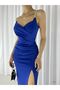Women's Saxe Stone Detailed Double Breasted Neckline Deep Slit Maxi Off Shoulder Scuba Fabric Strap Evening Dress - 3