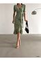 Women's Green Double Breasted Collar Flounced Waist Tied Belted Short Sleeve Midi Evening Dress