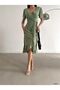 Women's Green Double Breasted Collar Flounced Waist Tied Belted Short Sleeve Midi Evening Dress - 2