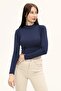 Women's Navy Blue High Neck Long Sleeve Crop Blouse - 4