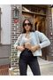 Women's Light Gray Crew Neck Gold Buttoned Teddy Plush Soft Knitwear Cardigan - 4