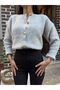 Women's Light Gray Crew Neck Gold Buttoned Teddy Plush Soft Knitwear Cardigan - 3