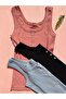 Women's Ribbed Cotton Fabric Thick Strap Basic Undershirt with Button Detail, 3-Piece Set in Blue, Black, and Dusty Rose Colors