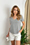 Women's Gray Melange V-Neck Short Sleeve Collar Herringbone T-Shirt - 3