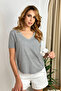 Women's Gray Melange V-Neck Short Sleeve Collar Herringbone T-Shirt