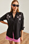 Women's Heart Black Palm Sequin Detailed Woven Shirt Gml- 19001225 - 4