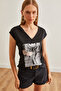 Women's Black Brush V-Neck Flame Printed Knitted T-Shirt Tsh- 19000654 - 5
