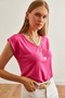 Women's Fuchsia Silver Stitching Detailed V-Neck Knitted Viscose Blouse Blz-19002659 - 3