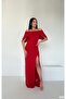 Women's Red Madonna Collar Bat Sleeve Back Detail Maxi Slit Long Evening Dress