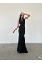 Women's Black Chest Sequined Tulle Mesh Detailed Striped Maxi Length Fish Model Long Evening Dress - 2