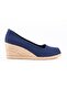 Authentic Handmade Open Toe Wedge Heel Heel Navy Linen Woven Shoes