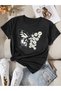 Women's Black Butterfly Daisy Printed Oversize T-Shirt