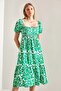 Women's Green Waist-Cut Patterned Flared Dress 40881012 - 6
