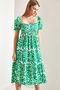 Women's Green Waist-Cut Patterned Flared Dress 40881012