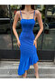 Cobalt Blue Thin Rope Strap Asymmetrical Cut Long Women's Dress - 3