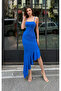 Cobalt Blue Thin Rope Strap Asymmetrical Cut Long Women's Dress - 2