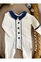 Baby Boy Navy Blue Fabric Button Detailed Newborn Rompers and Hat Set - 3