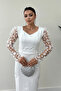 Double Fabric Sleeves 3D Floral Pencil Dress - White - 4