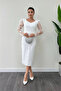 Double Fabric Sleeves 3D Floral Pencil Dress - White - 2