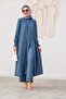 Linen Long Tunic Trousers Set-Blue