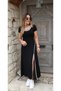 White Viscose Full Length Dress - Round Ribbed Collar and Slit Detail - 2